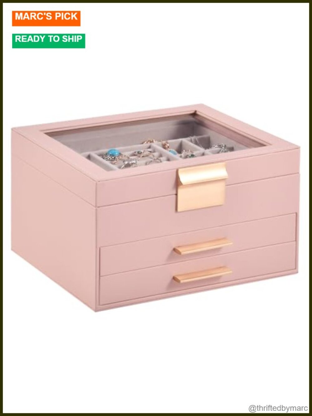 3-Layer Jewelry Box Organizer with Glass Lid & 2 Drawers, PU Leather